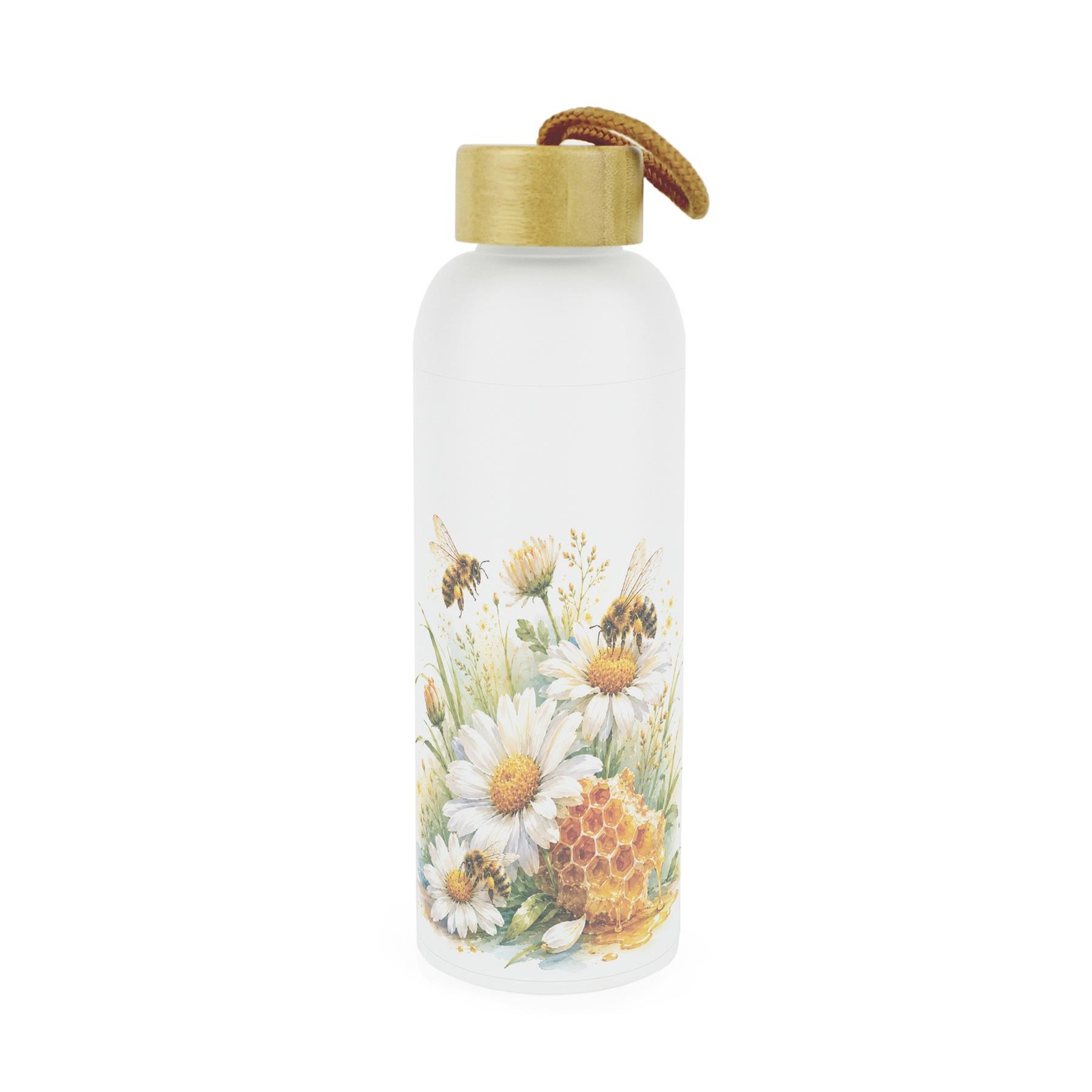 Daisy Bees Frosted Glass Water Bottle with Wooden Lid, Reusable Drinkware Gift