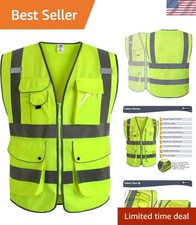 High Visibility Safety Vest with 9 Pockets  Reflective Strips - Large Yellow