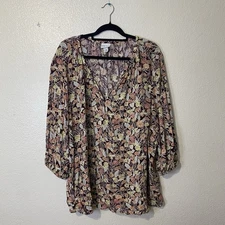 AVA & VIV Top Size 3X Multicolor Floral V Neck 100% Rayon 3/4 Sleeve Blouse
