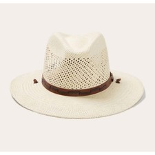 Stetson Airway Panama Safari Hat Natural Straw Leather Band Chin Cord LARGE