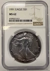 1991 AMERICAN SILVER EAGLE $1 NGC MS 62