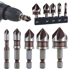 Multi-Size 5-Flute Countersink Bits, M35 Cobalt HSS 82° Hex Shank 5pc Set
