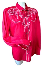 J Christmas Roper Shirt Red White Western Rodeo Embroider Blouse Cowgirl L
