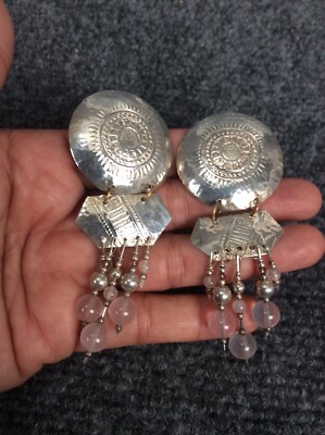 Beautiful vtg artisan signed sterling Silver 925 rose quartz  wire earrings