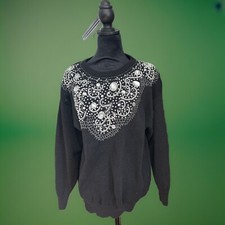 VTG 80s Victoria Harbour Black Sweater Rhinestones Shoulder Pads Women  s Large