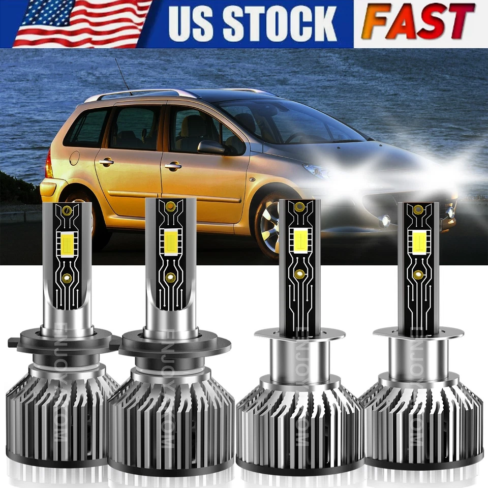 For Peugeot 307 2003-2004 4x H1 H7 LED Headlight Combo High/Low Beam Bulb Kit - Изображение 2 из 4