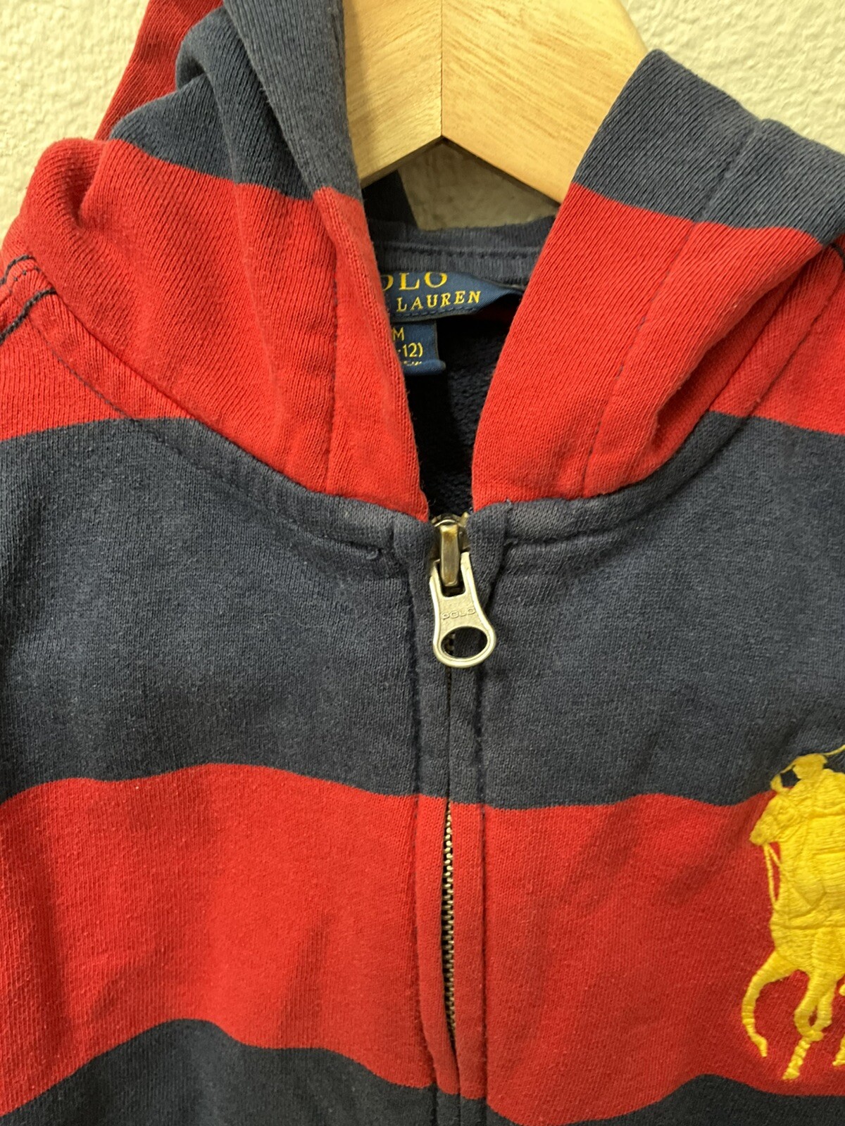 Polo Ralph Lauren ragazzo full zip felpa con cappuccio rosso navy a righe Big Pony M 10 12
