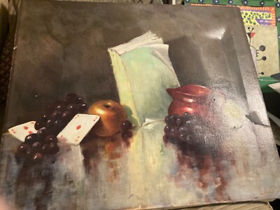 Artist, Unknown? Old Still Life Playing Cards with Fruit, Book, Unframed, Signed
