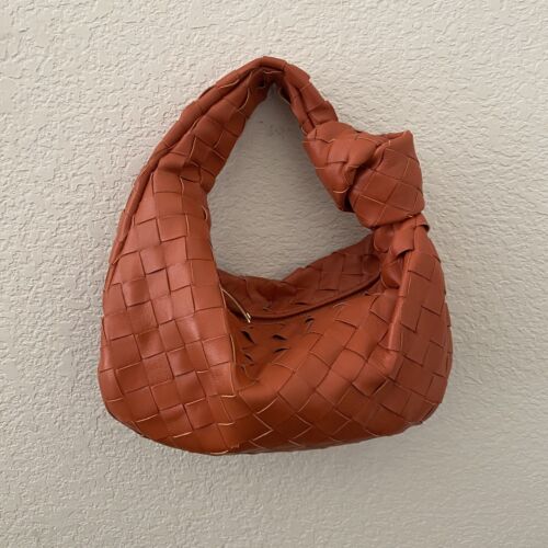 Real Leather | Burnt Orange Intrecciato Mini Jodie Weave Knot Bag Clutch Satchel - Picture 1 of 12