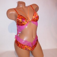 Victoria Secret Lingerie One Piece Teddy Pink Orange Floral Lace Strappy New