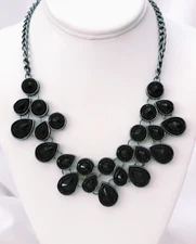 Black Rhinestones Teardrop BIB Gunmetal Tone Chain Collar Necklace 21" L