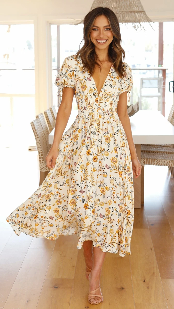 Plunge Neck Floral Print Puff Sleeve Summer Dress Mid Calf Length | eBay