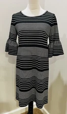 Max Studio Women’s Black White Striped Shift Dress Size Small Bell Sleeve