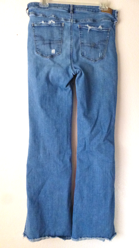 American Eagle Jeans Super Hi Rise Flare 10 Long Distress Bootcut Denim Fray Hem - Picture 2 of 24