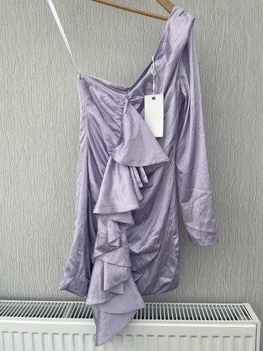 Forever Unique Lilac Satin One Shoulder Ruffle Mini Dress, UK 10 - Picture 2 of 7