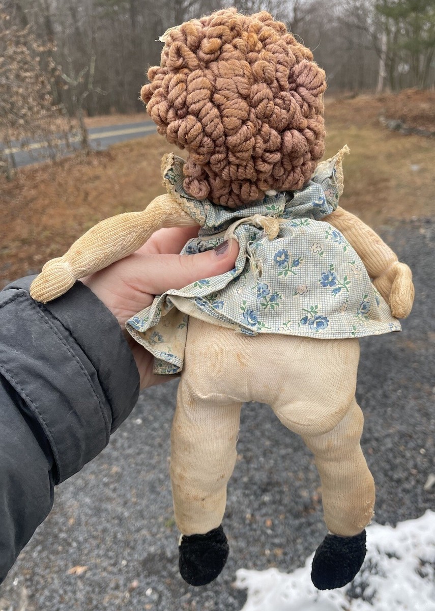 Antique Handmade Ragdoll Embroidered Face 20th C. Vintage Doll Rag
