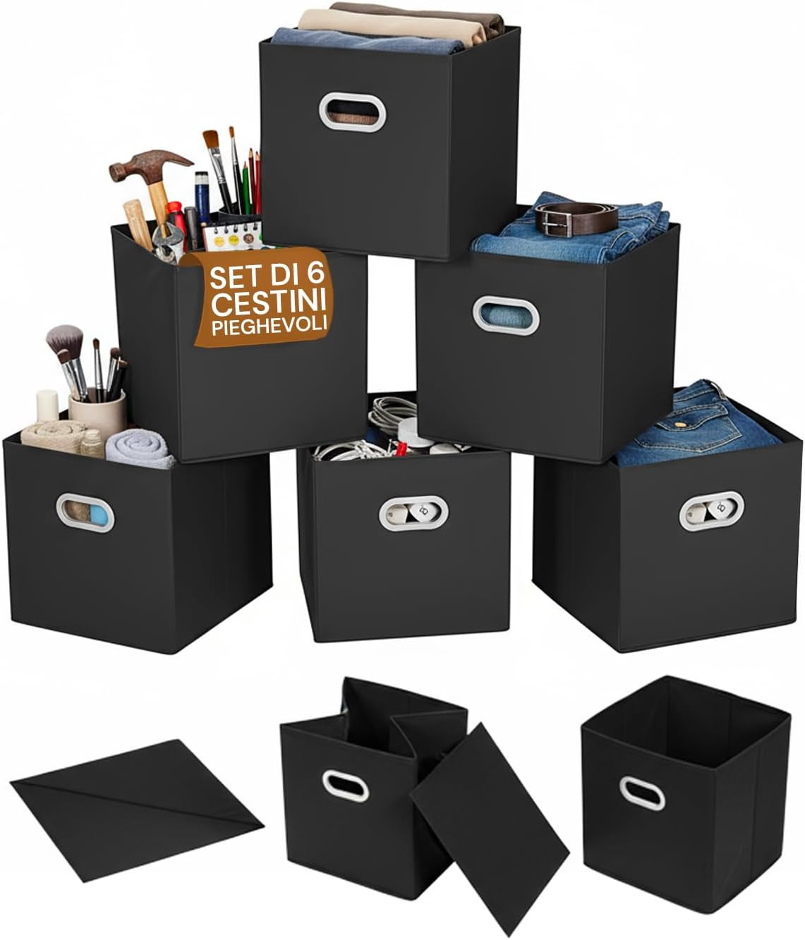 Contenitori Salvaspazio 27X27X28 cm - Set 6 Pezzi Tessuto Grigio