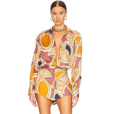 Alexis NEW Alessandro Mini Dress Abstract Maroon L/S Satin Button Front SM $495