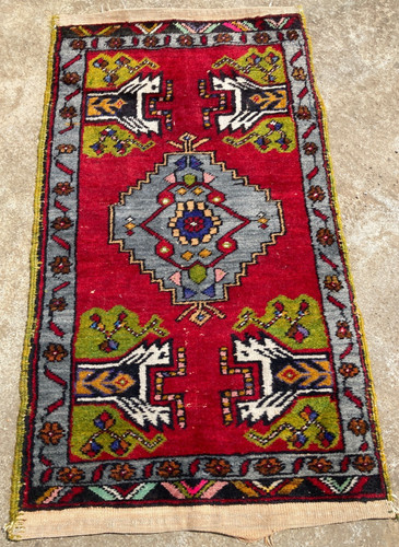 Vintage Hand Made Traditional Rug Oriental Wool Multicolor Carpet 102x57 cm