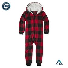 Kids Fleece Pajama Set Zip Hooded Buffalo Plaid Red Long Sleeve One Piece