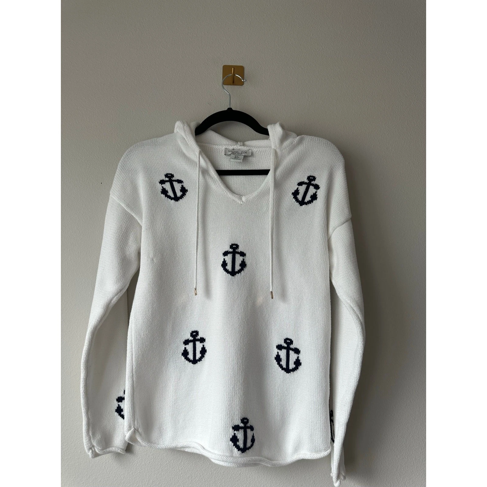 Rachel Zoe Nautical Anchor Knit Hoodie Coastal Beachy Summer Layering Sweater S