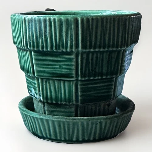 Vintage 1950's McCoy Basketweave Green Small 3 1/4" Flower Pot Planter Handmade