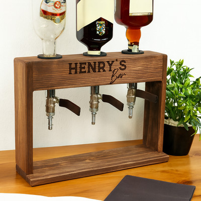 Custom Engraved Liquor Stand with Leather Tap Handles, Walnut Wood Bar Station