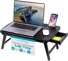 BIRDROCK HOME Bamboo Wood Lap Tray with Foldout Legs, Storage Drawer