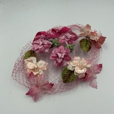 50s VINTAGE Pink Silk Floral Fascinator Hat Velvet Bow Birdcage Net Cocktail OS