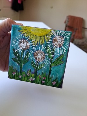 Dandlion Puffs '' Make A Wish'' Original Acrylic Painting On Canvas 4'' 