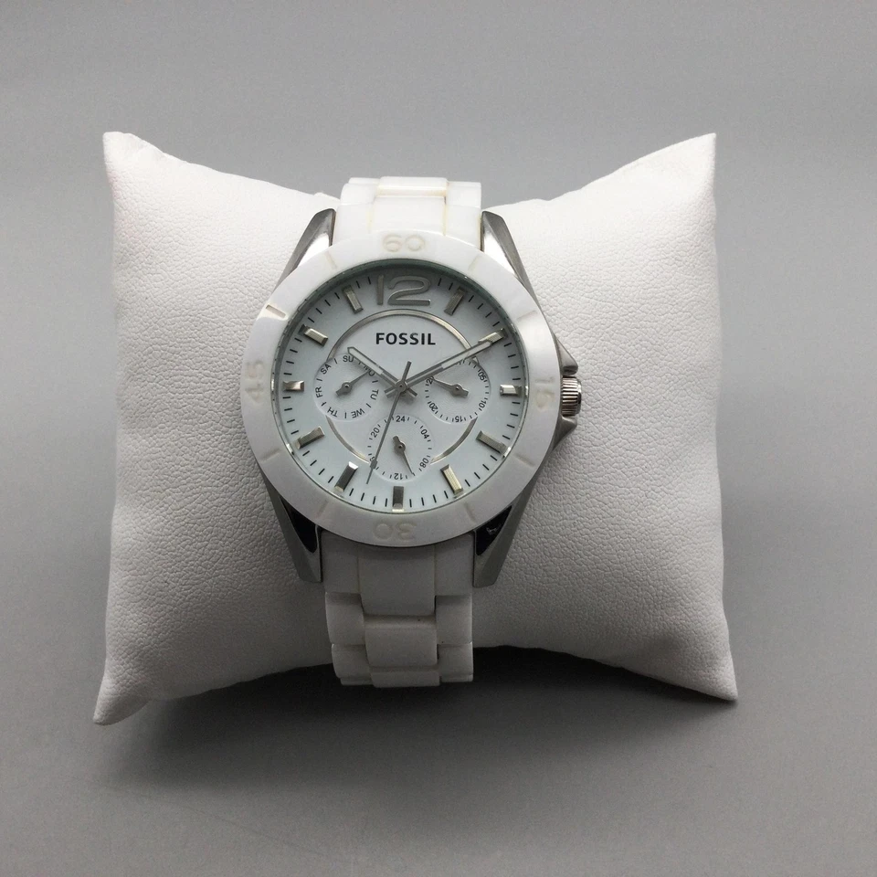 Fossil Riley Ceramic Watch Womens 37mm White Dial Day Date New Battery 6.5" - Image 3 of 4