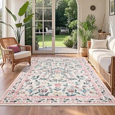Washable Area Rug 4x6 Farmhouse Floral Throw Rug with Non-Slip Backing, Easy