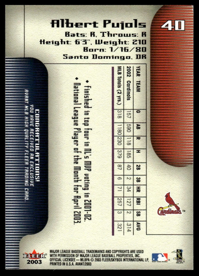 2003 Fleer Avant #40 Albert Pujols - Image 2 of 2