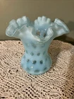 Fenton Blue Opalescent Coin Dot Vase Ruffled Edge cut to clear, 6 Inch Tall