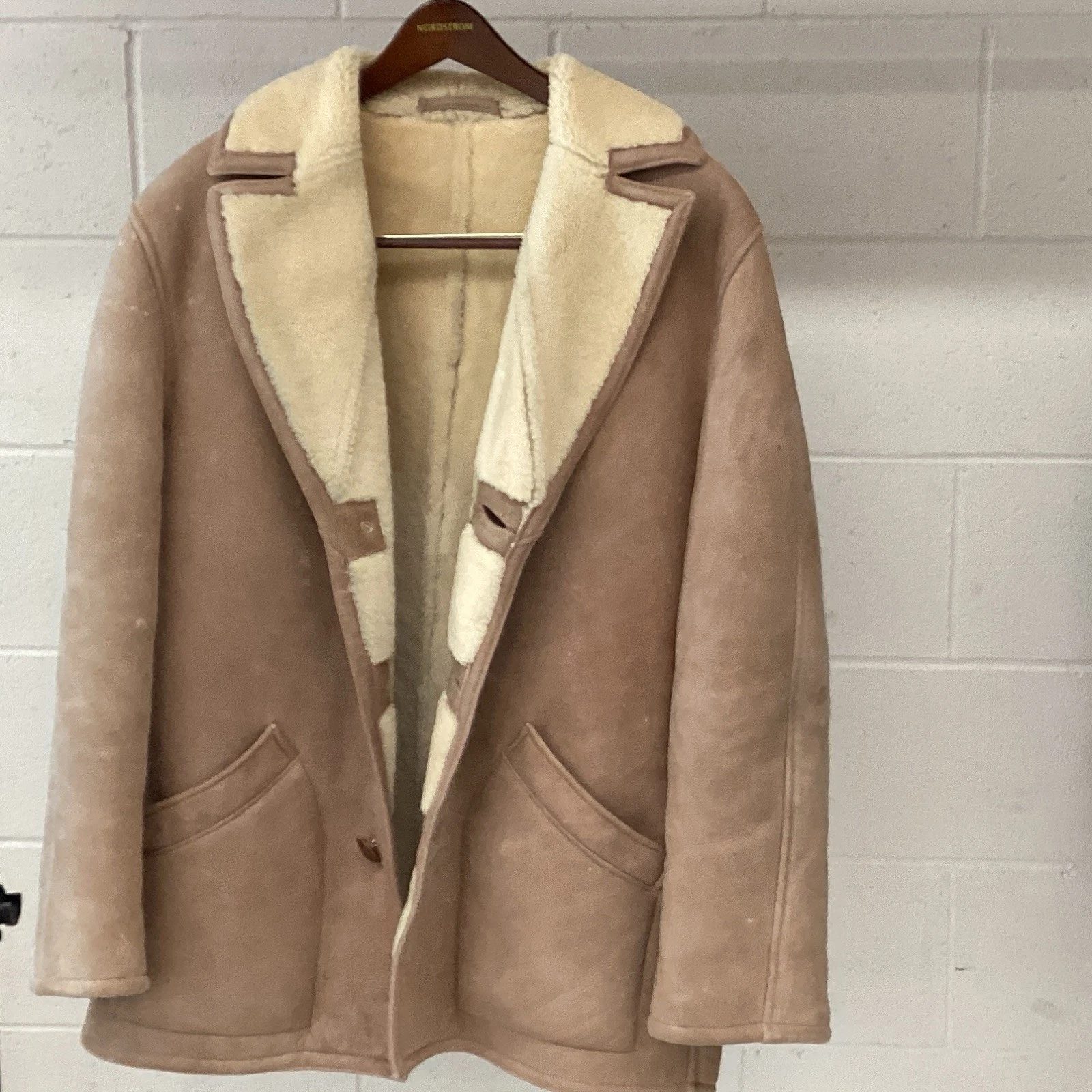 Norm Thompson Men’s Brown Shearling Overcoat 42 Button Front Fur Trim Pockets image 1