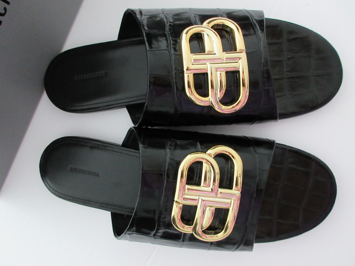 NEW BALENCIAGA Oval GOLD BB Mule Sandal In Black Leather 40 10 | eBay