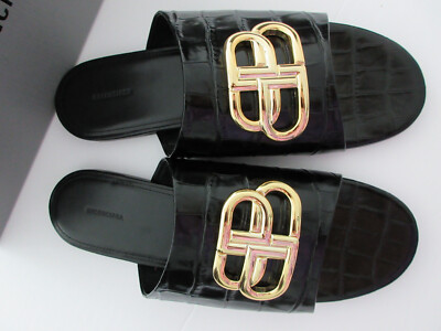 NEW BALENCIAGA Oval GOLD BB Mule Sandal In Black Leather 40 10 | eBay