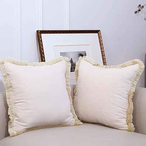 Beige Linen Fringed Throw Pillow Er