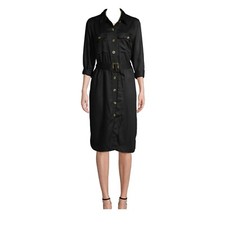 NEW TIME AND TRU WOMEN'S WOVEN UTILITY SHIRT BELTED BLACK DRESS MIDI LENGTH