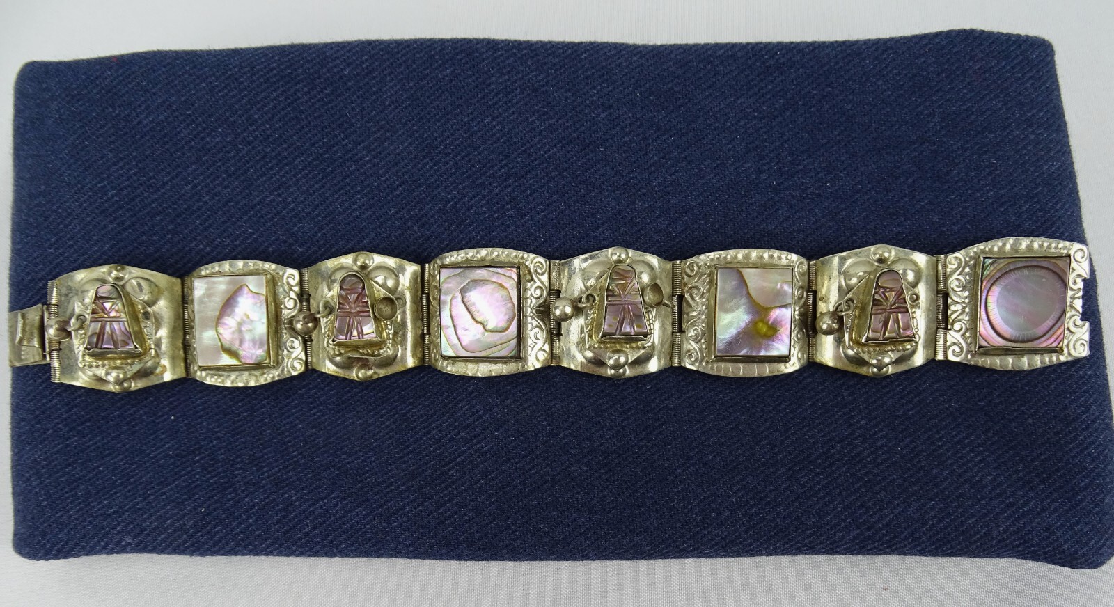 Abalone Shell Panel Bracelet clasp marked Taxco 9… - image 1