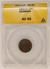 1892 G Germany 1 Pfennig 1PF. ANACS AU55 Rare High Grade Copper Coin 2A