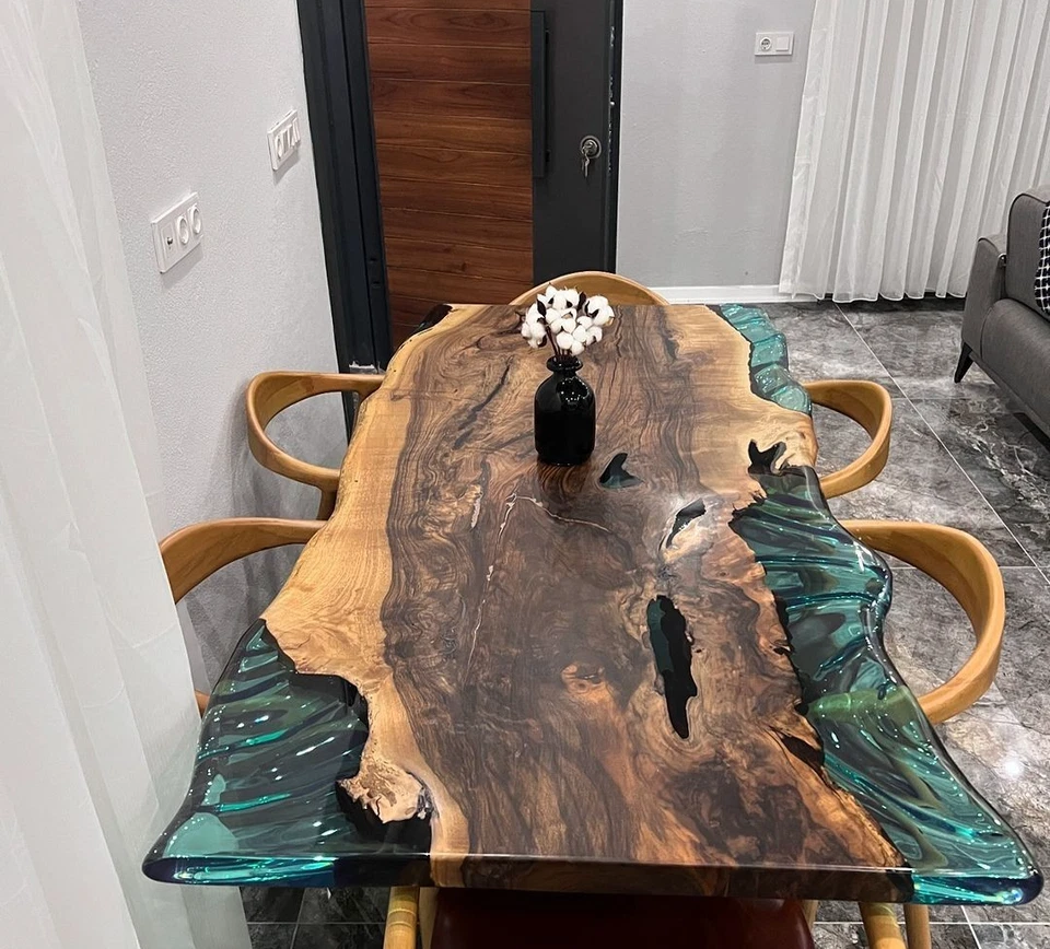 Live Edge Walnut Epoxy River Dining Table, tropical water Resin wood table top - Image 4 of 4