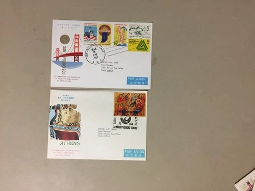 Two Japan Airlines first flight covers with pictures:Greece,US