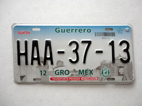 Guerrero Mexico Passenger License Plate Very Good condition HAA-37-13