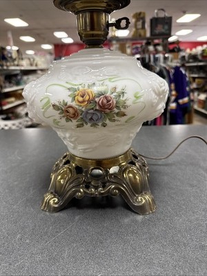 Vintage GWTW Milk Glass Double Globe Parlor Lamp w/ Pink Cabbage