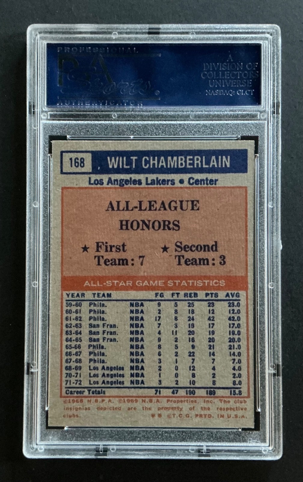 ~ 1972 Topps - WILT CHAMBERLAIN - ALL STAR - #168 - PSA 7 NM ~ view 2