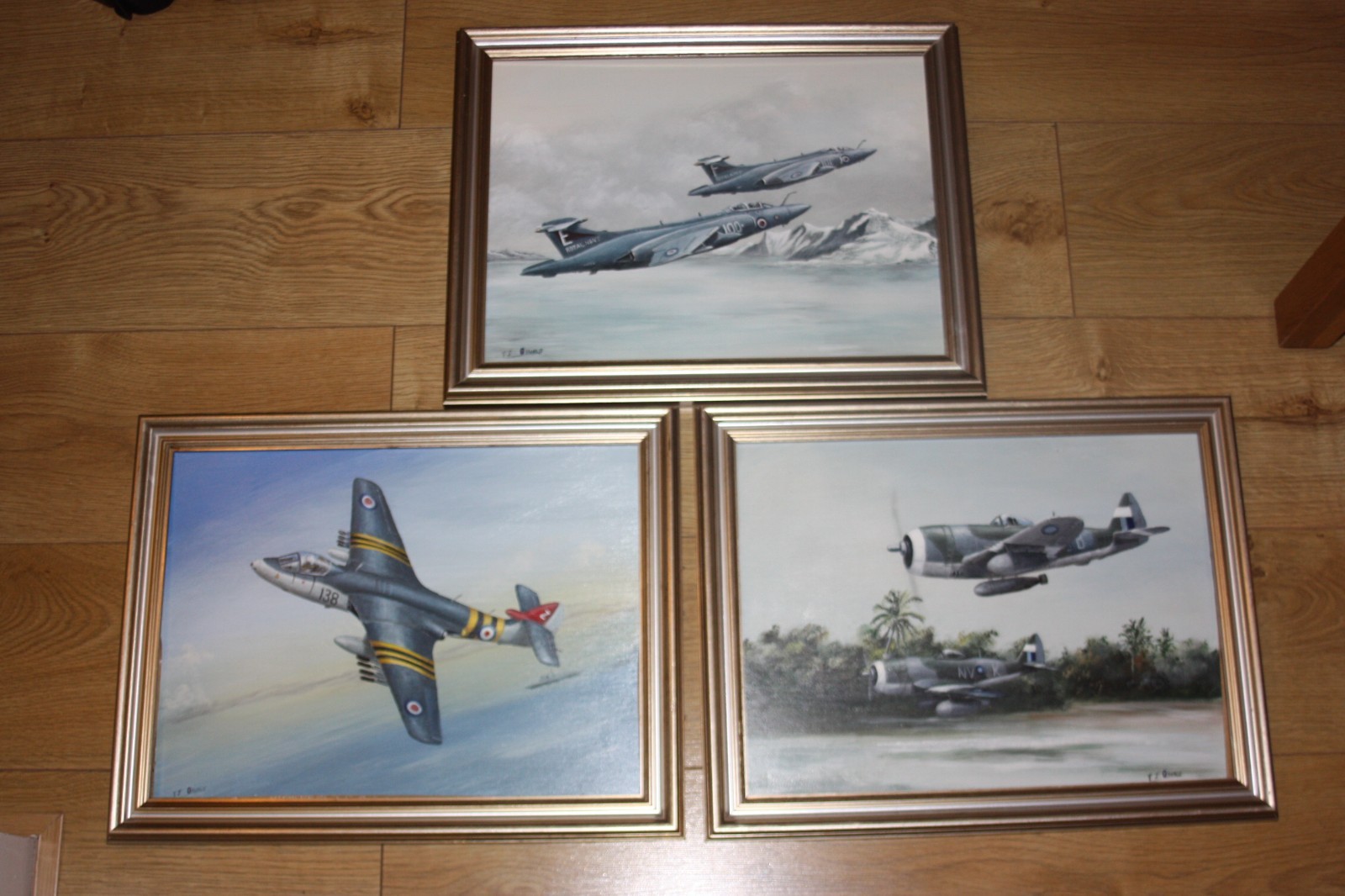 T J Oswald Aviation Art Original Oil Painting X3 P-47 Buccaneer and Sea Hawk