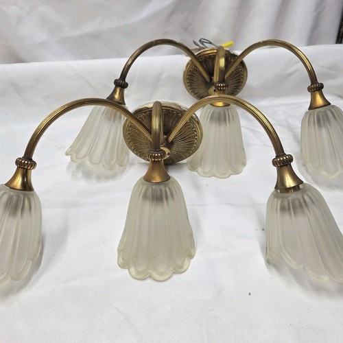 2 Vtg Mid-Century Brass 3 Light Vanity Fixtures Union Made Frosted Tulip Shades