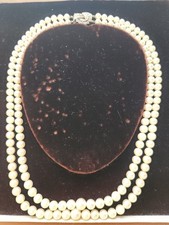 Vintage Freshwater Double Strand Pearl Necklacr with Rare Diamond Clasp 18" Long