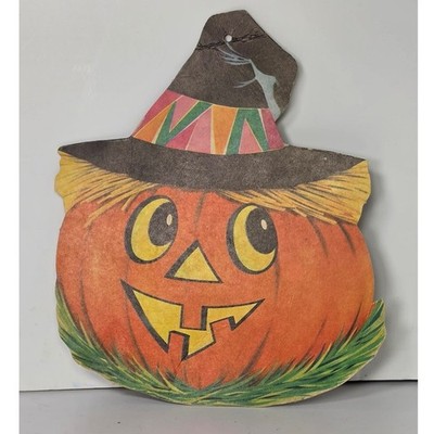 Vintage Halloween Pumpkin Die Cut Jack-O-Lantern Witch Hat Cardboard Decor 6.5''